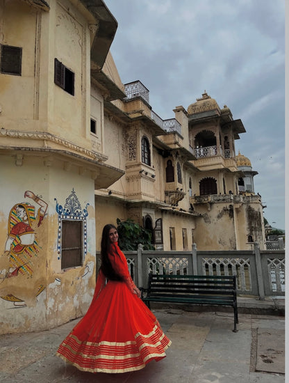 Orange Handwork Angrakha Chiffon Anarkali.