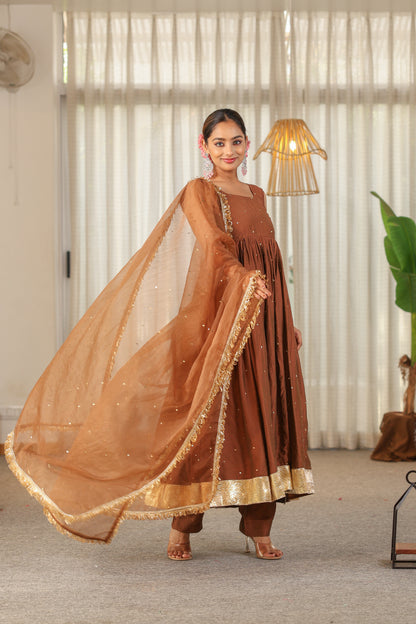 Brown Handwork Anarkali