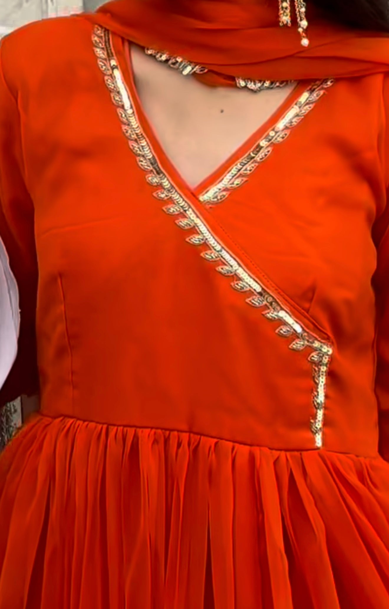 Orange Handwork Angrakha Chiffon Anarkali.
