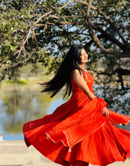 Rust Orange Handwork Anarkali.