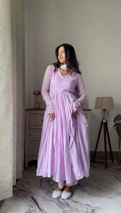 Pale yellow /purple Mul cotton Anarkali