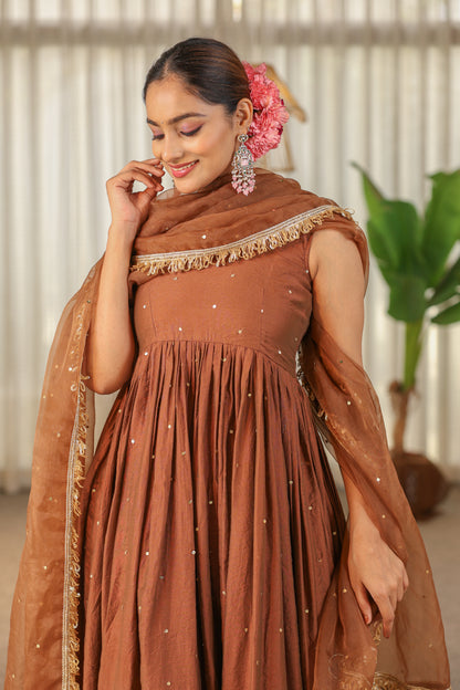 Brown Handwork Anarkali