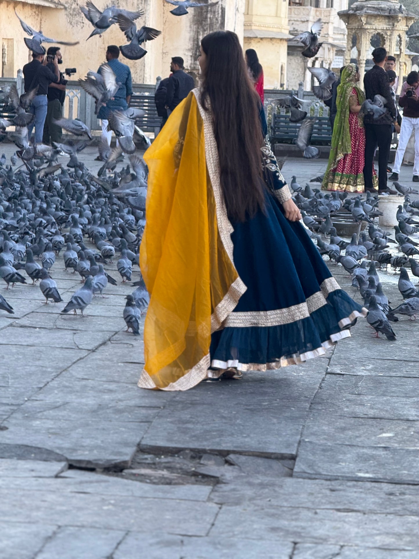Velvet Anarkali with Organza Mango yellow Dupatta Suit Set