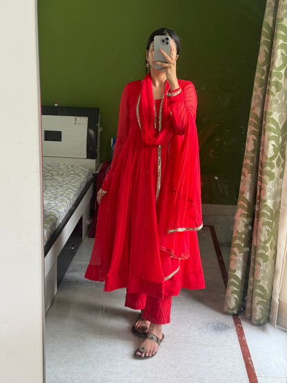 Red chiffon Anarkali.