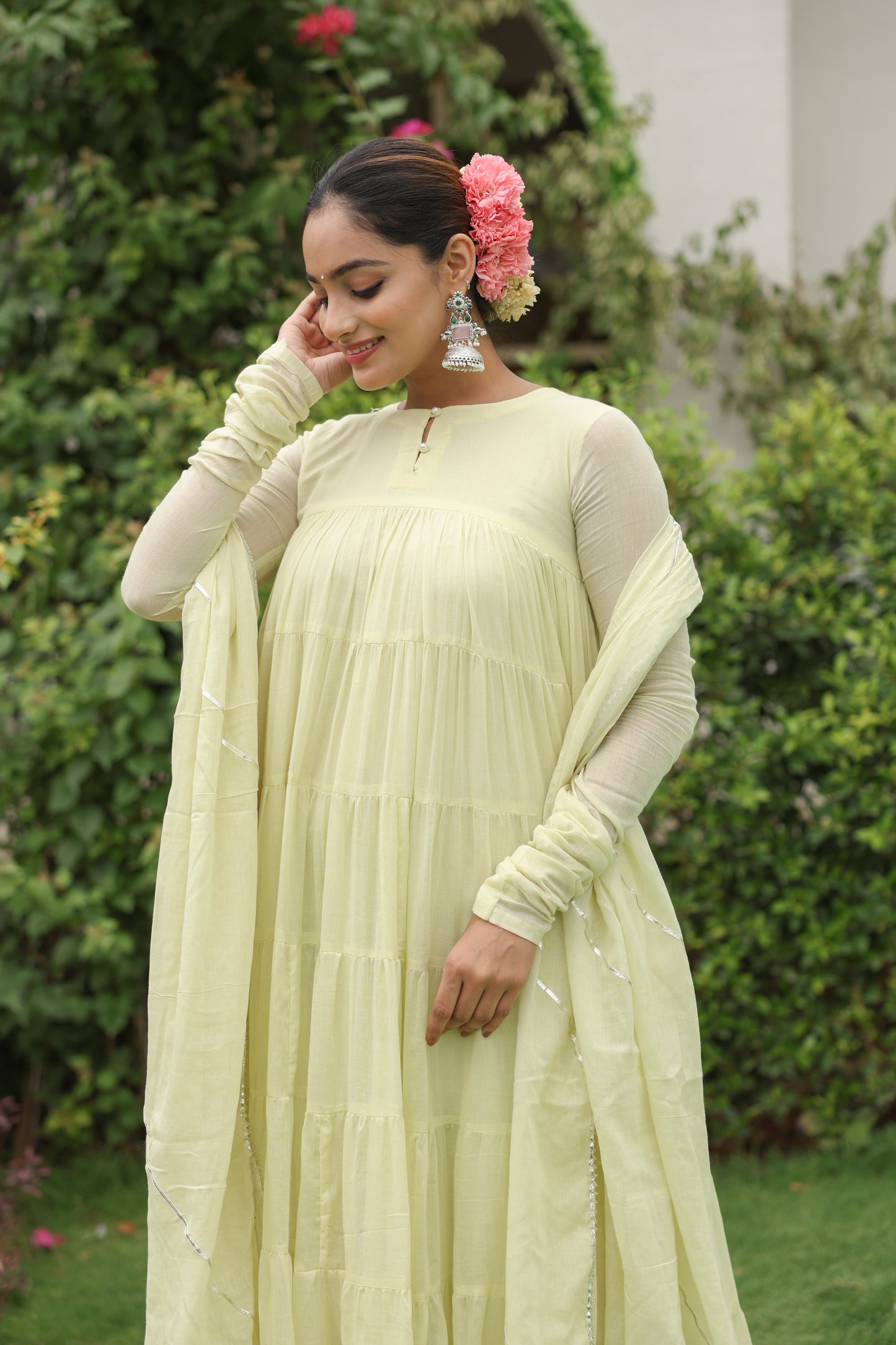 Pale Yellow 8 tier Anarkali