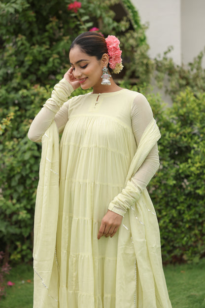 Pale Yellow 8 tier Anarkali