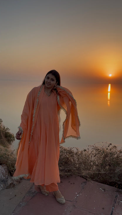 Peach Mul Chanderi Handwork Kaliyan Anarkali.