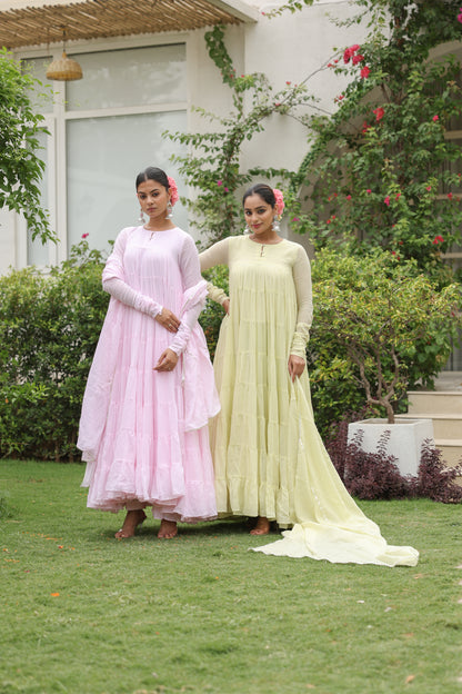 Pale Yellow 8 tier Anarkali