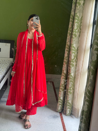 Red chiffon Anarkali.