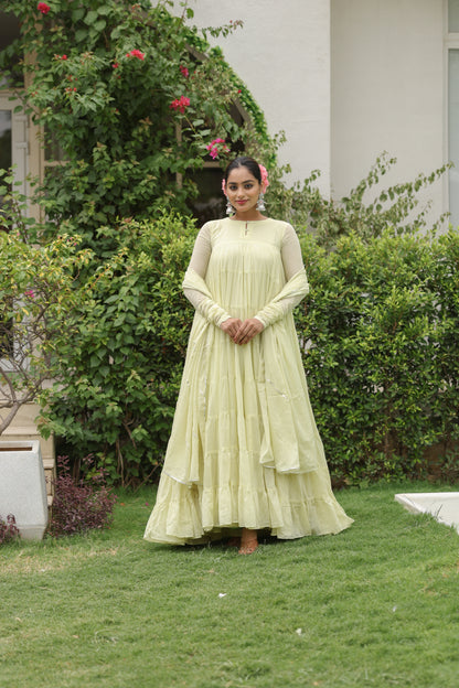 Pale Yellow 8 tier Anarkali