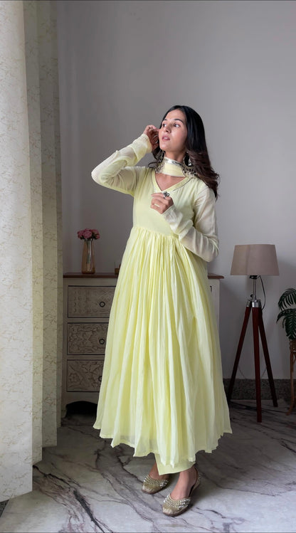 Pale yellow /purple Mul cotton Anarkali