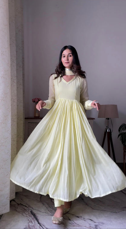 Pale yellow /purple Mul cotton Anarkali