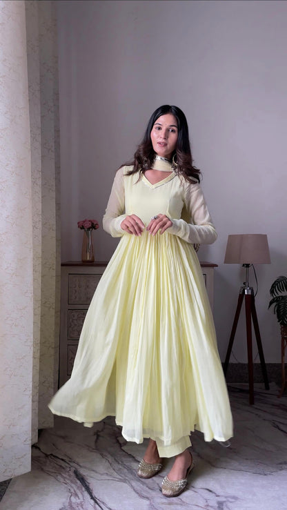 Pale yellow /purple Mul cotton Anarkali