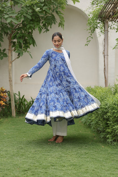 Indigo printed Cotton Anarkali