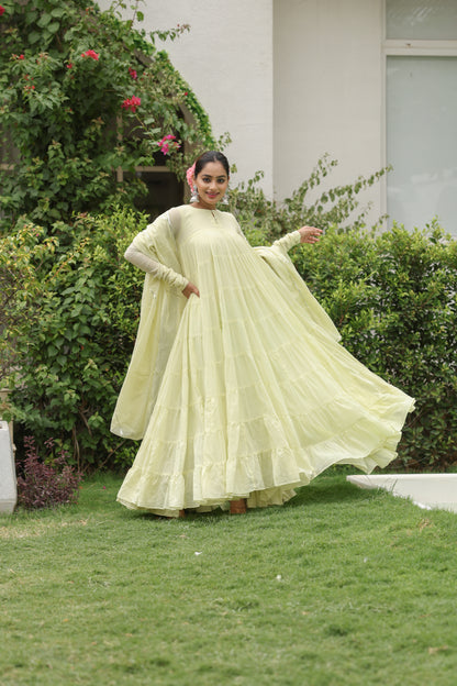 Pale Yellow 8 tier Anarkali