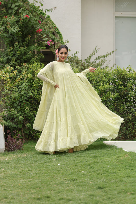 Pale Yellow 8 tier Anarkali