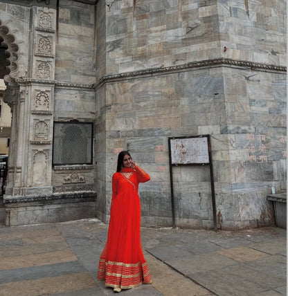 Orange Handwork Angrakha Chiffon Anarkali.