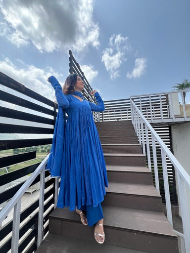 Cobalt Blue Alia cut pure mul  Anarkali.