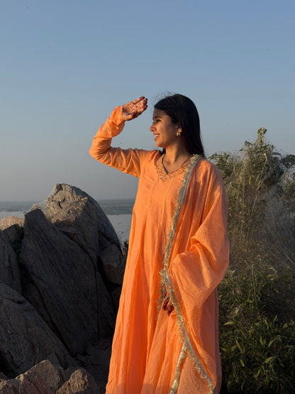 Peach Mul Chanderi Handwork Kaliyan Anarkali.