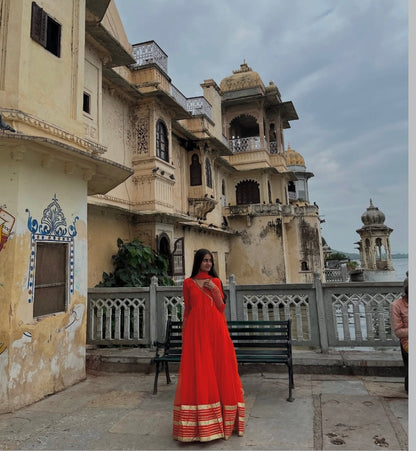 Orange Handwork Angrakha Chiffon Anarkali.