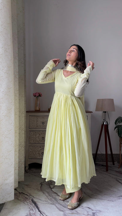 Pale yellow /purple Mul cotton Anarkali