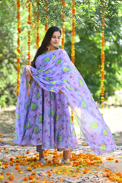 Lavender flower Chanderi  Anarkali