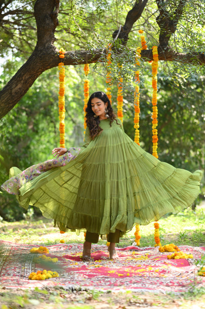 OLIVE GREEN TIER PATTERN ANARKALI