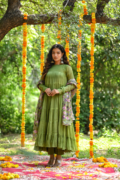 OLIVE GREEN TIER PATTERN ANARKALI