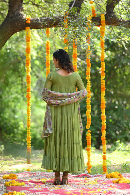 OLIVE GREEN TIER PATTERN ANARKALI