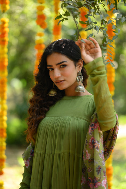 OLIVE GREEN TIER PATTERN ANARKALI