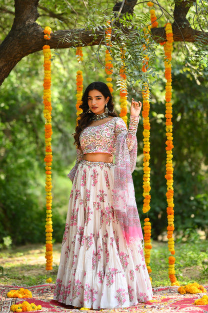 PINK HANDBLOCK LEHENGA