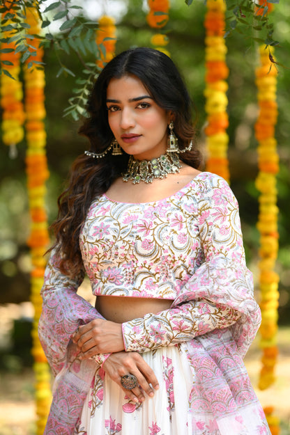 PINK HANDBLOCK LEHENGA