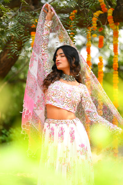 PINK HANDBLOCK LEHENGA