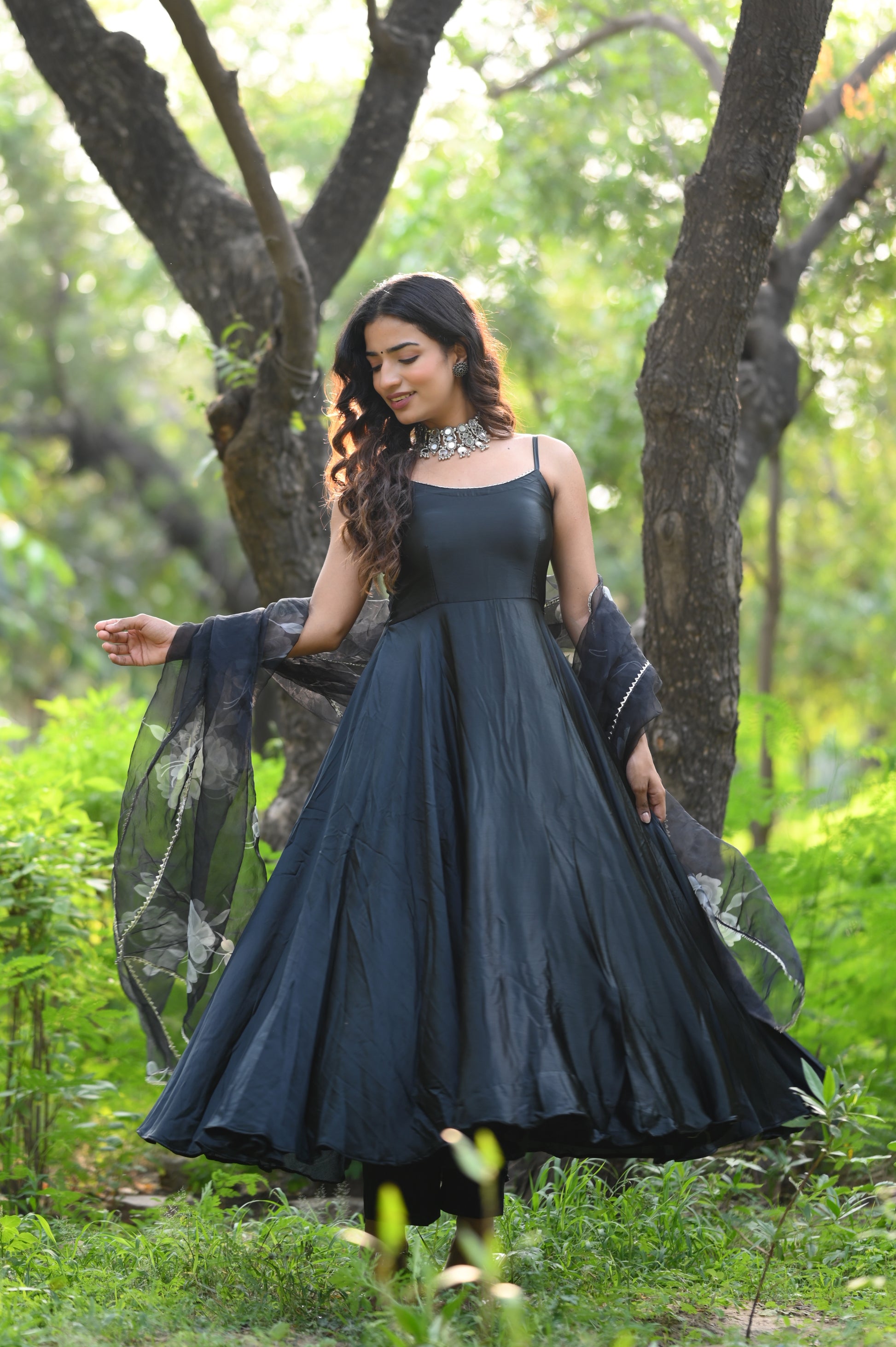 plain satin anarkali dress Brown Anarkali Satin Suit Set (Set Of 3) ahiclothing
