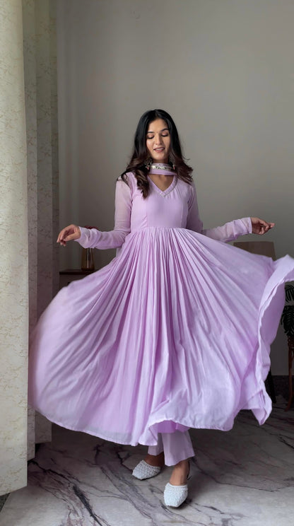 Pale yellow /purple Mul cotton Anarkali