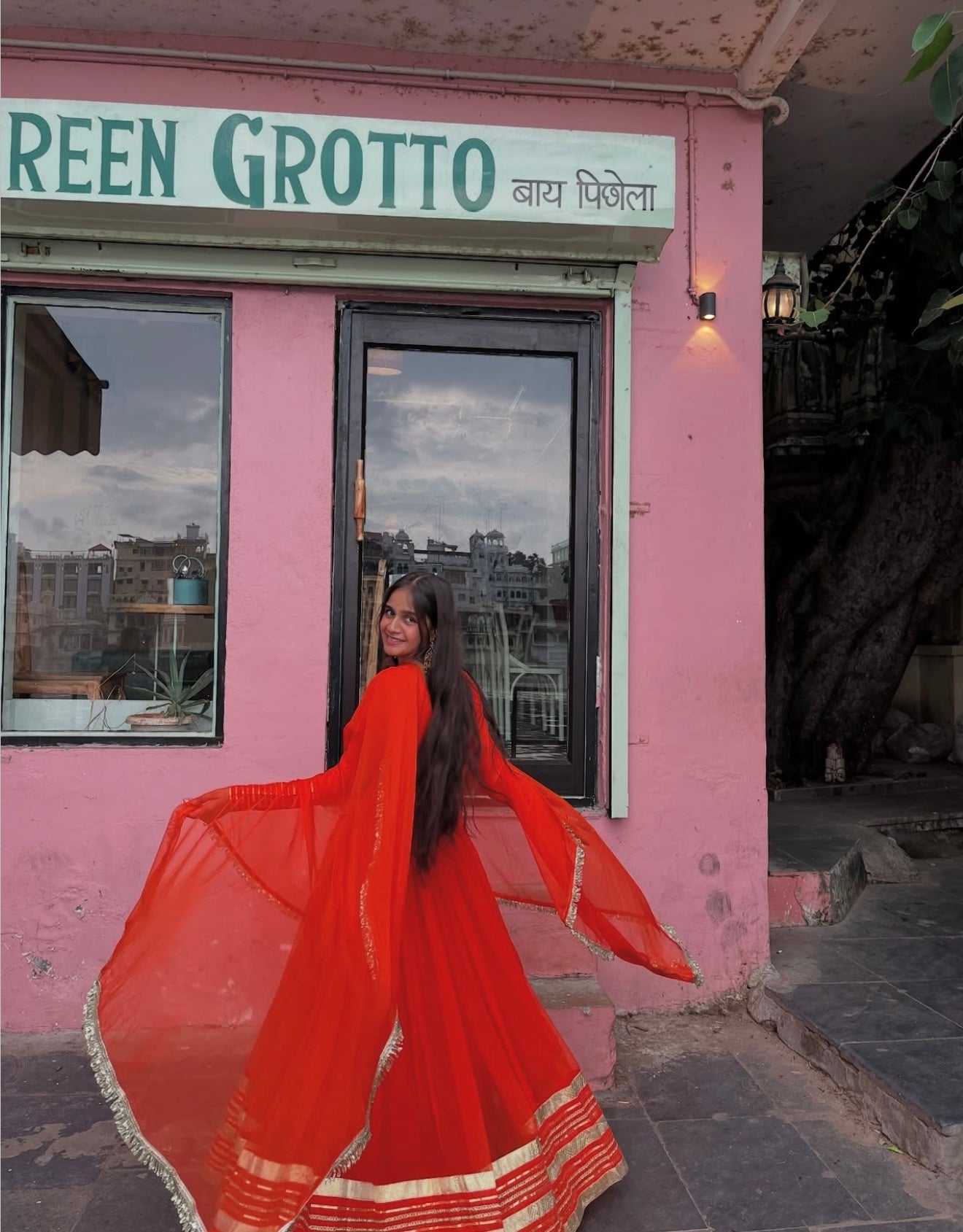 Orange Handwork Angrakha Chiffon Anarkali.