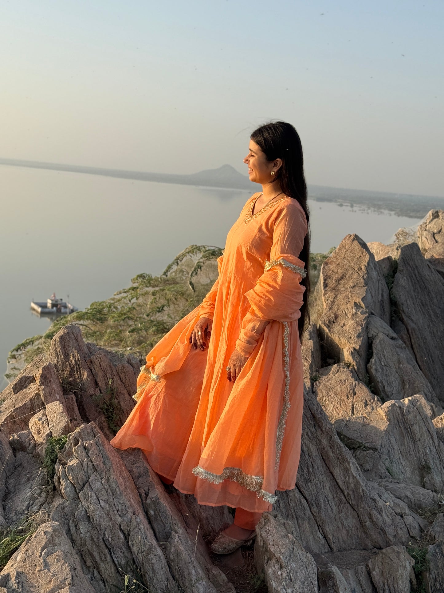 Peach Mul Chanderi Handwork Kaliyan Anarkali.