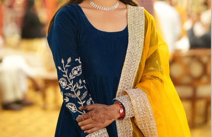 Velvet Anarkali with Organza Mango yellow Dupatta Suit Set