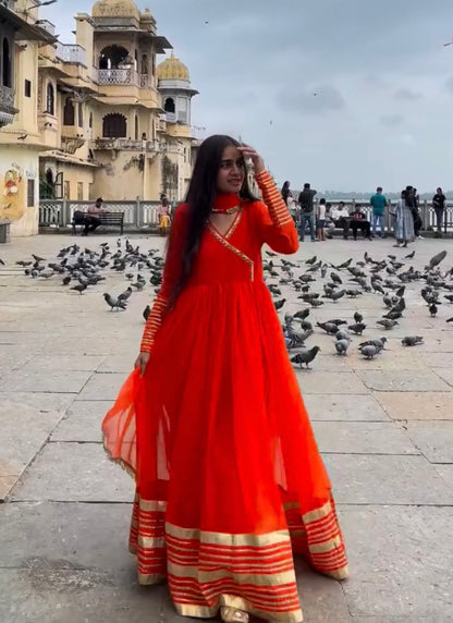 Orange Handwork Angrakha Chiffon Anarkali.