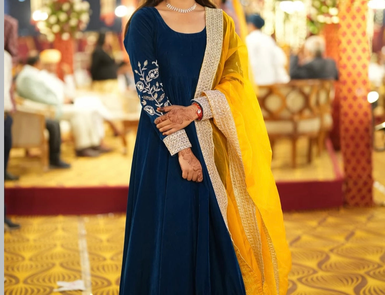 Velvet Anarkali with Organza Mango yellow Dupatta Suit Set