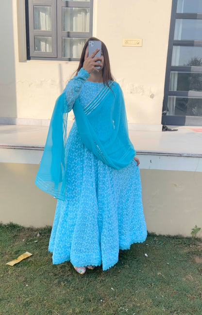 Sky Blue Chikankari Anarkali