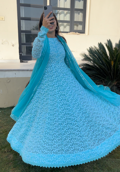 Sky Blue Chikankari Anarkali
