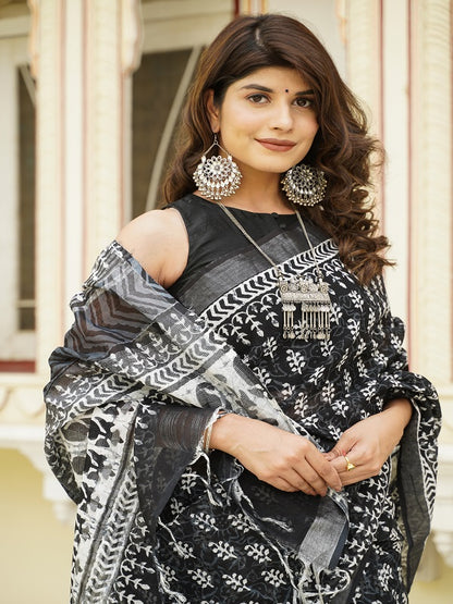 Black linen saree